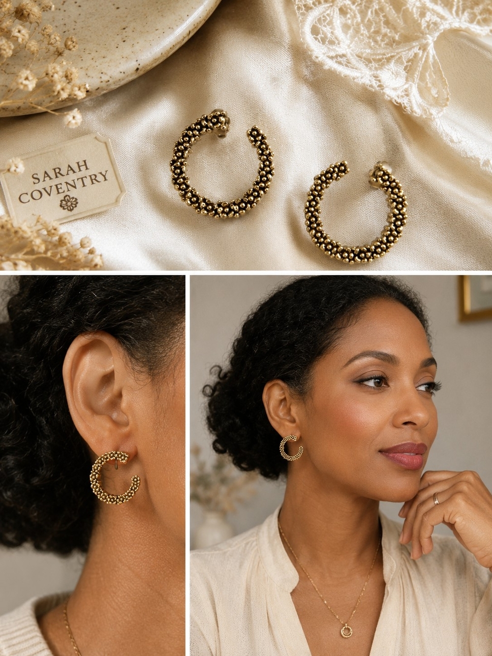 Sarah Coventry Textured Gold Bead Hoop Earrings